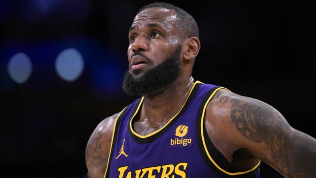 Lakers forward LeBron James looks on during a game.